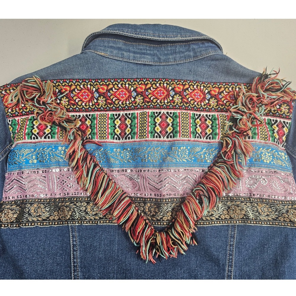 C. Est. 1946 Denim Jacket XL Blue Medium Wash Tapestry Fringe Boho Trucker
